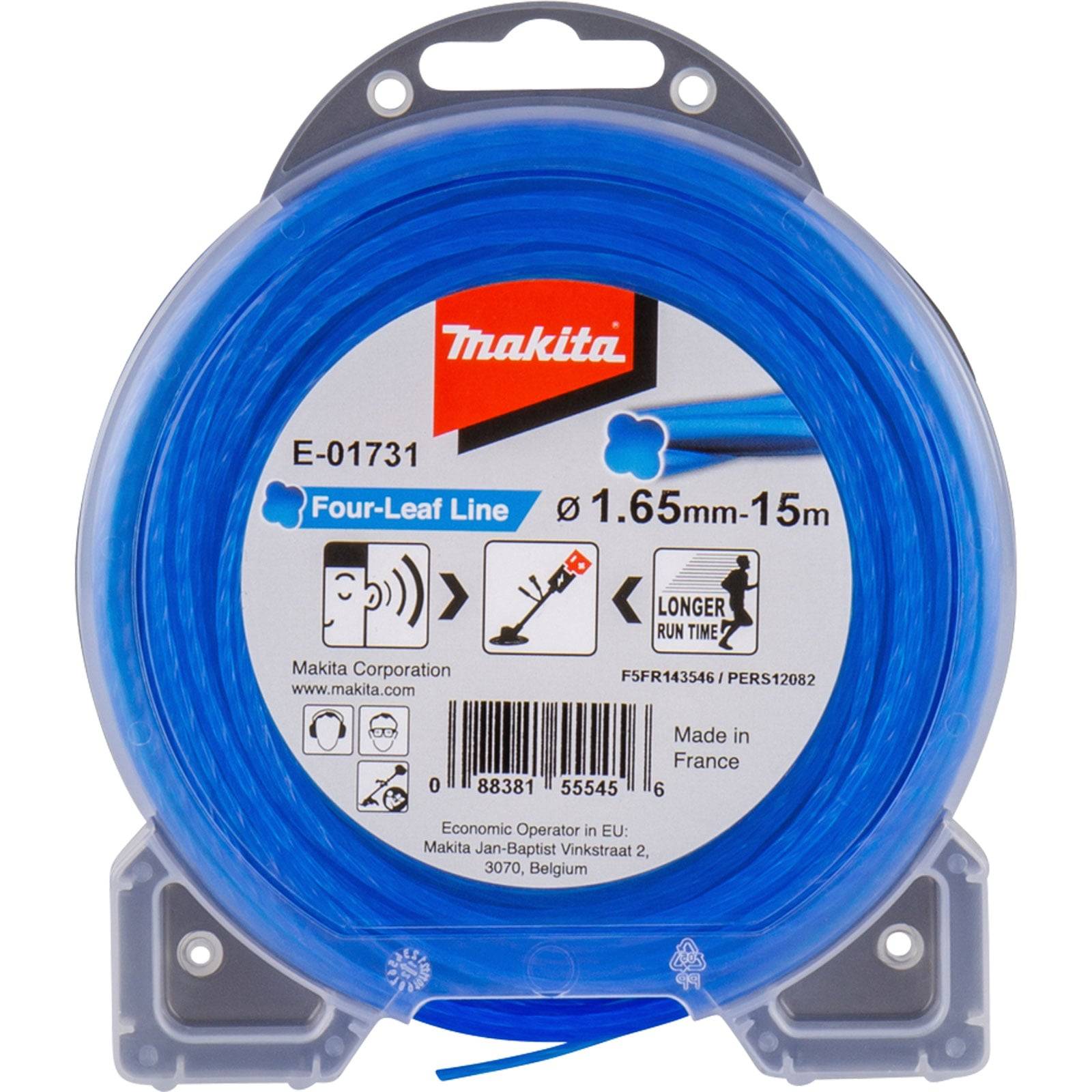 Verpackung der Makita Four-Leaf Linie, Modell E-01731, 1,65 mm Dicke, 15 m Länge. Merkmale beinhalten ‚längere Laufzeit'.