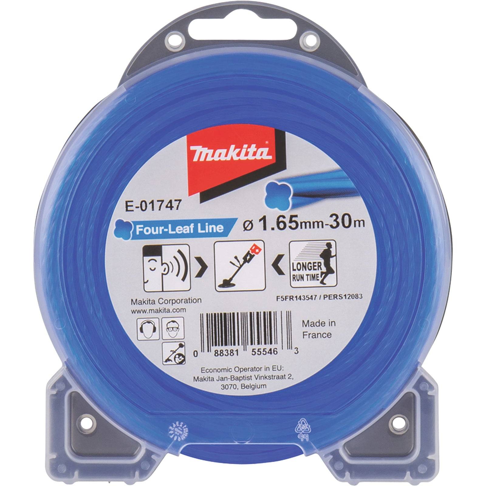 Makita Vier-Blatt-Linie, 1,65 mm x 30 m, E-01747, hergestellt in Frankreich. Entwickelt für längere Laufzeit. Enthält Firmen- und Website-Details.