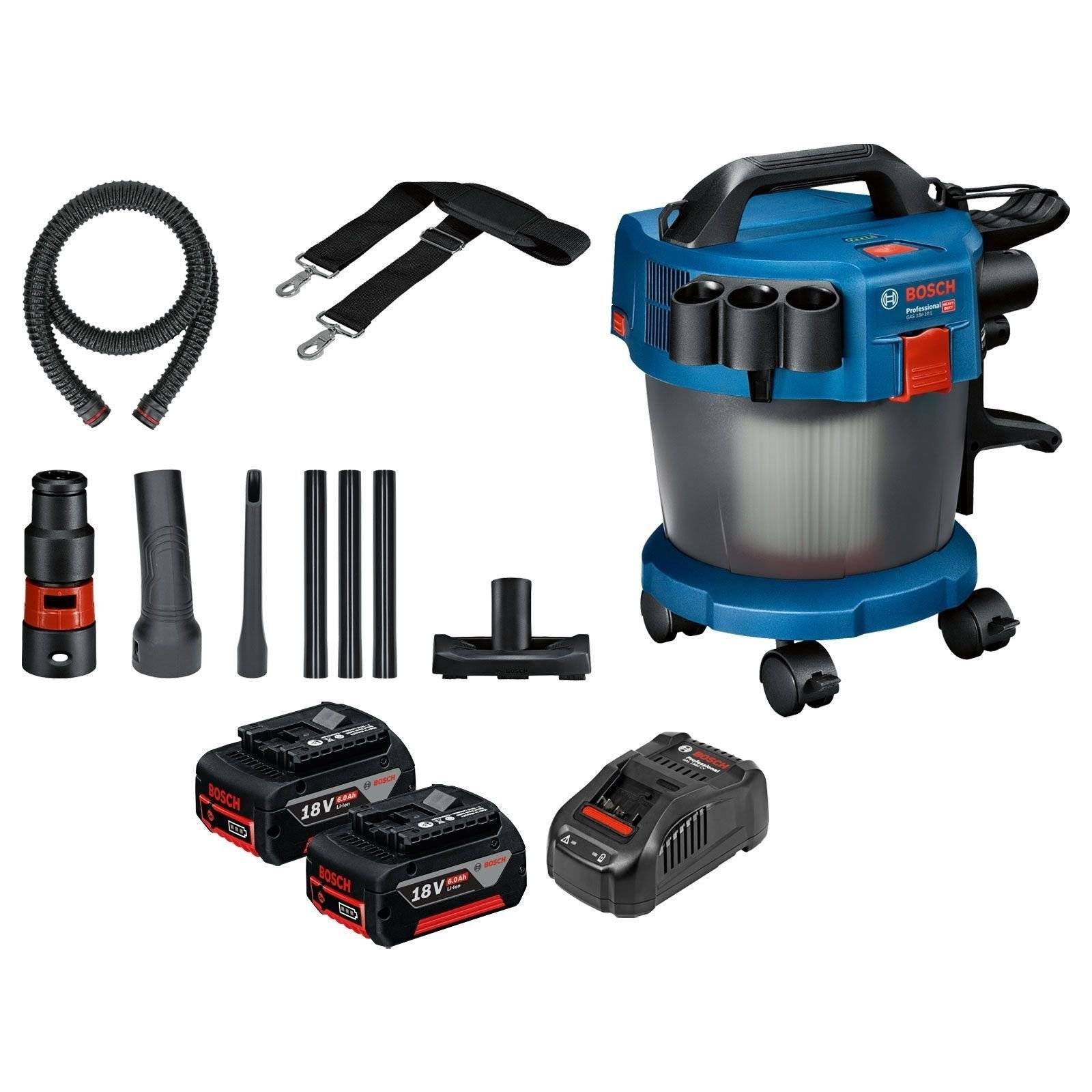 Bosch Akku-Staubsauger GAS 18V-10 L / 2x 6,0 Ah Akku + Ladegerät inkl. Zubehör-Set 14tlg.