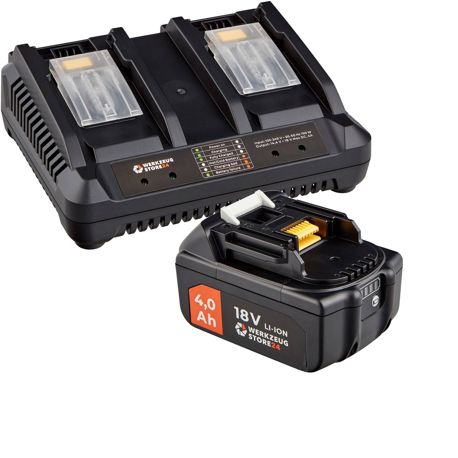 Ein Dual-Batterieladegerät und eine 4,0-Ah-Lithium-Ionen-Batterie, verwendet für Elektrowerkzeuge. Das Ladegerät verfügt über zwei Steckplätze und Anzeigeleuchten.
