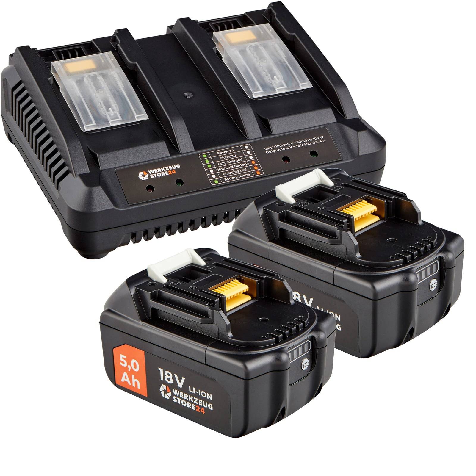 Ein Dual-Slot-Ladegerät mit zwei 18V-Li-Ionen-Akkus, die jeweils mit 5,0 Ah bewertet sind. Das Ladegerät zeigt Ladestatusanzeigen für beide Steckplätze.