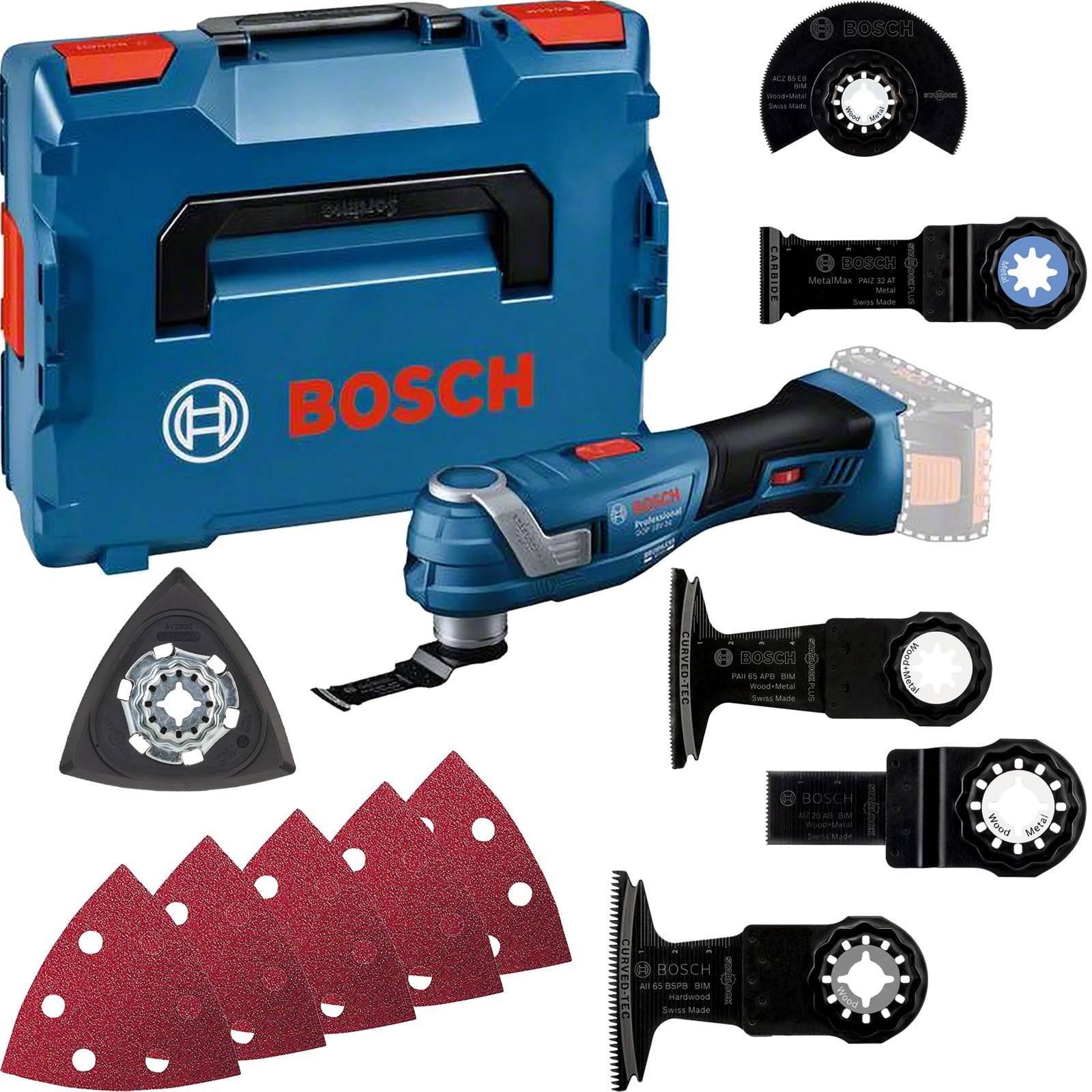 Ein Bosch Multifunktionswerkzeug-Set mit verschiedenen Aufsätzen und Schleifpads, präsentiert in einem blauen und schwarzen Aufbewahrungskoffer.