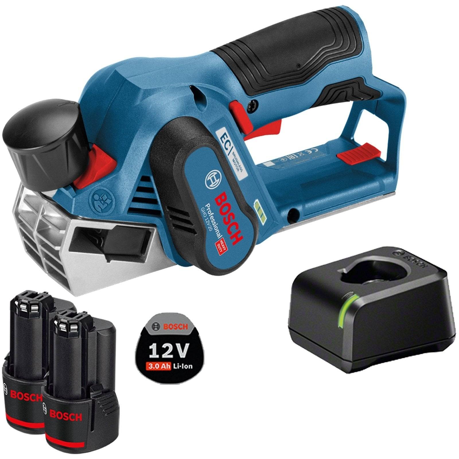 Bosch 12V Hobel mit Akku und Ladegerät, blau-schwarzes Design, inklusive zwei 12V 3,0Ah Li-Ion-Akkus und kompaktem Ladegerät.