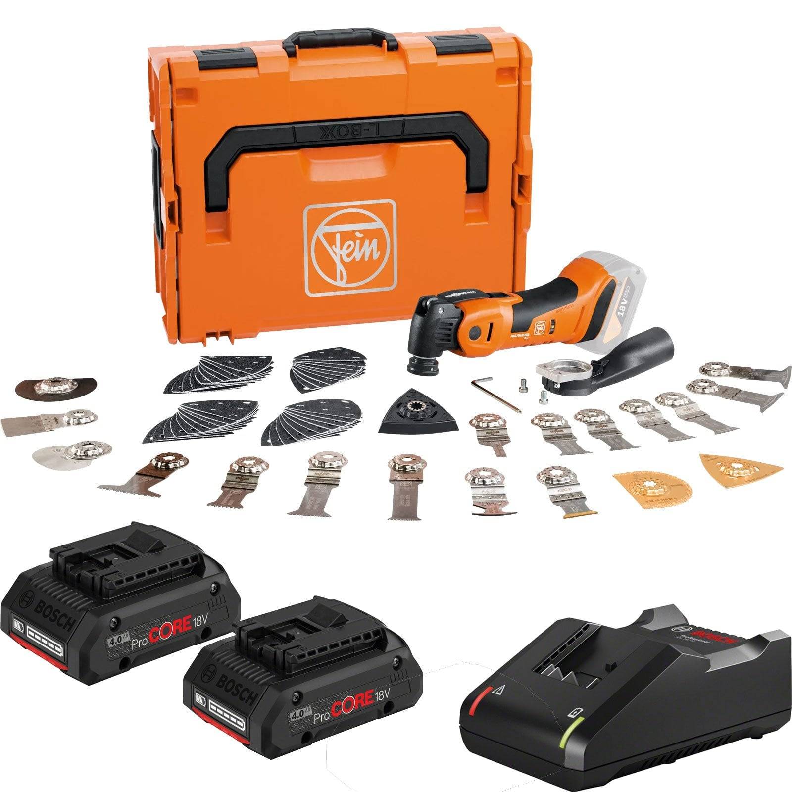 Fein MultiMaster Werkzeugset mit verschiedenen Klingen, zwei Akkus, Ladegerät und einem orangefarbenen Transportkoffer.