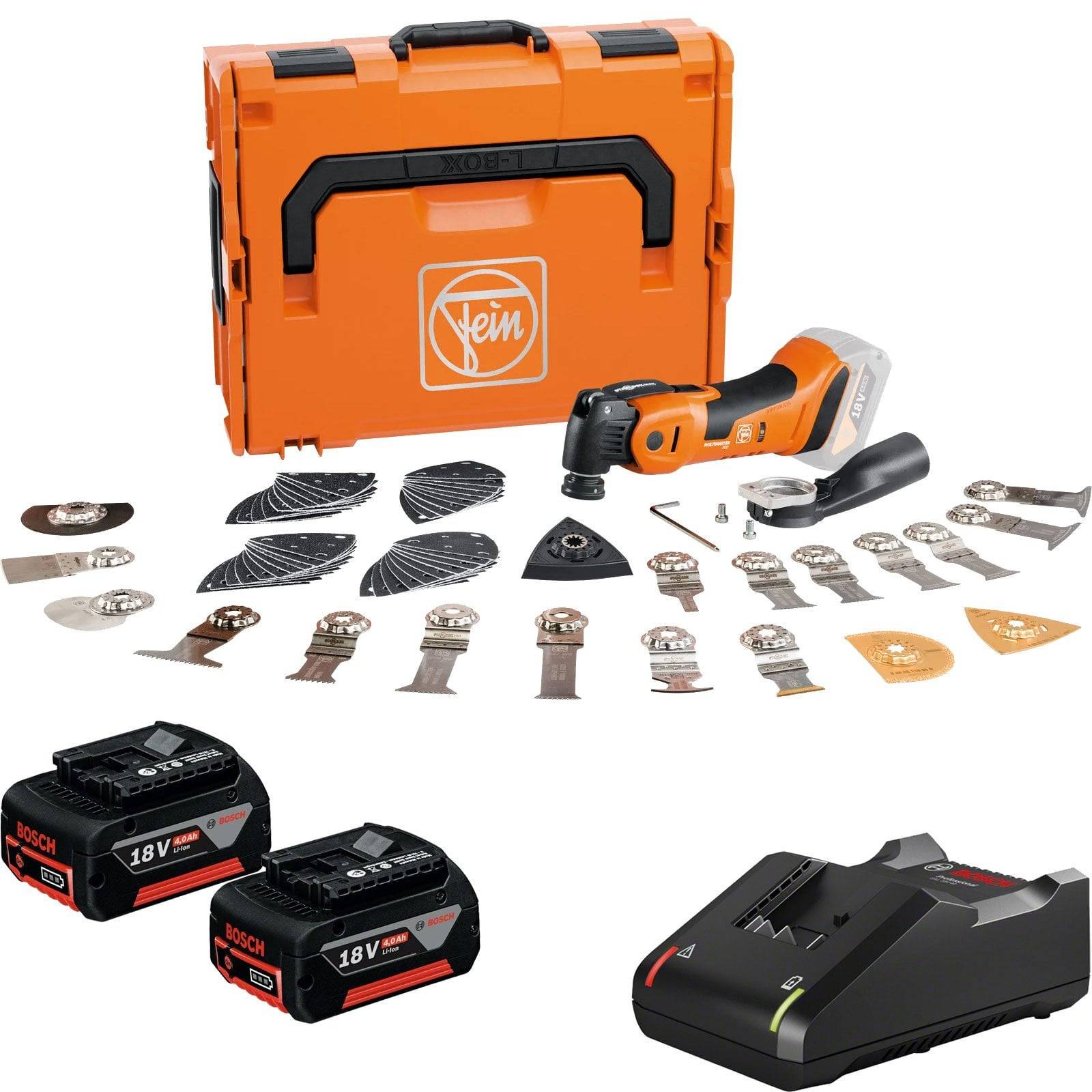 Eine Elektrowerkzeug-Ausrüstung umfasst ein orangefarbenes Multifunktionswerkzeug, verschiedene Aufsätze, zwei 18V-Akkus und ein Ladegerät, sorgfältig angeordnet.