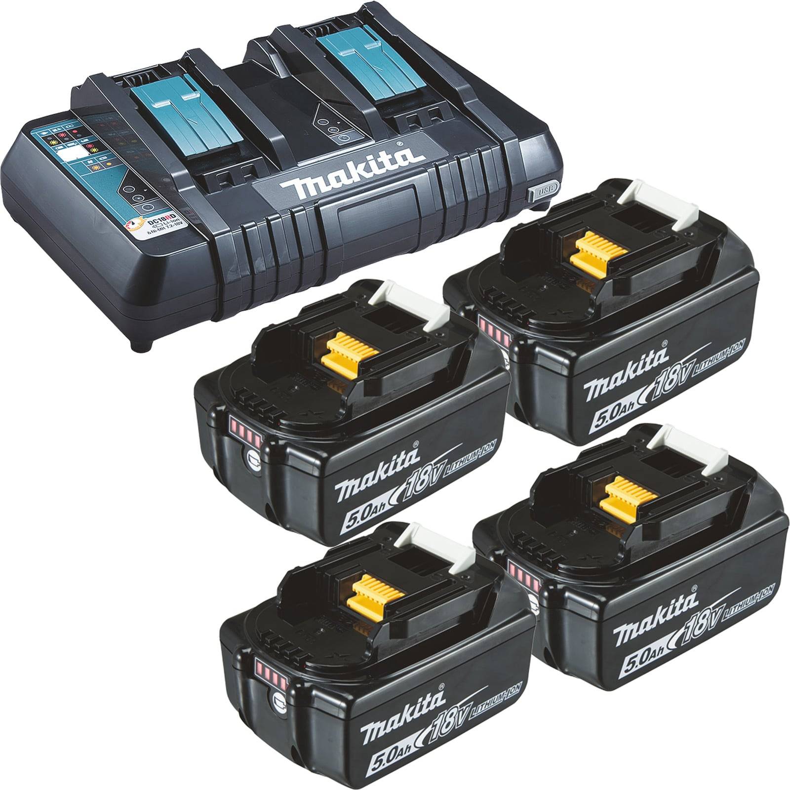 Makita-Doppel-Ladegerät mit fünf 18V 5,0Ah Lithium-Ionen-Akkus, die davor platziert sind.