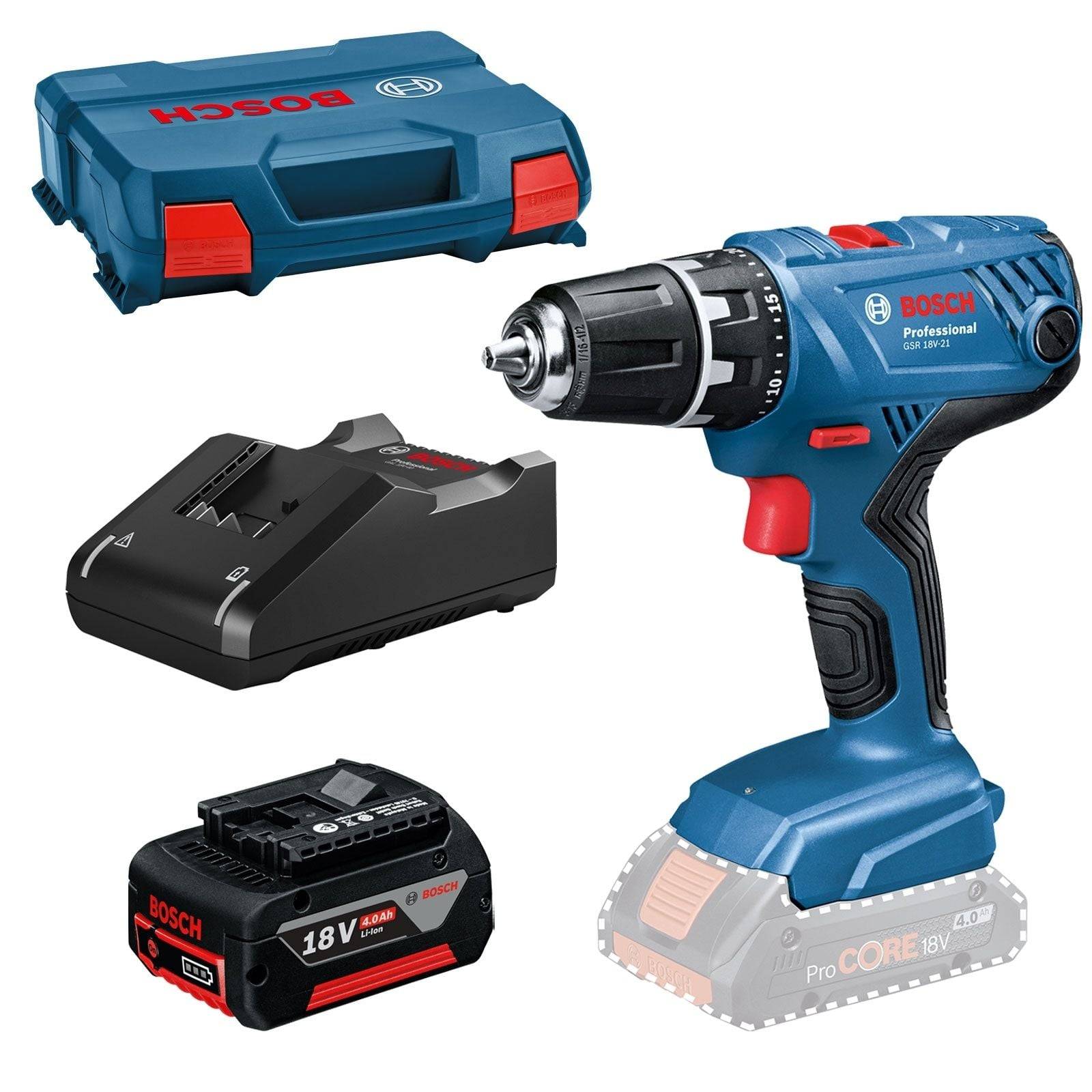 Ein Bosch Akku-Bohrschrauber-Set bestehend aus Bohrmaschine, Koffer, 18V-Akku und Ladegerät.