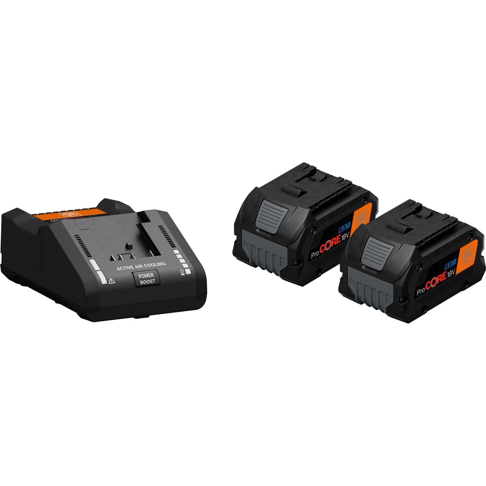 Ladegerät mit zwei schwarzen Akkupacks mit der Aufschrift 