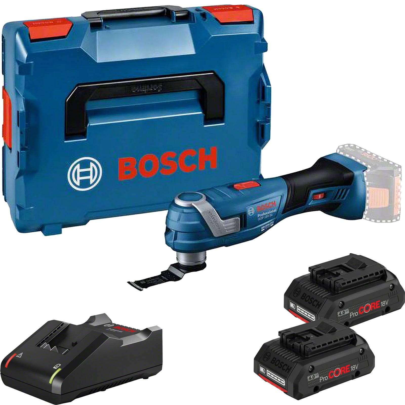 Bosch Akku-Multitool mit zwei Akkus und Ladegerät, neben einem blauen Bosch-Transportkoffer mit Tragegriff.