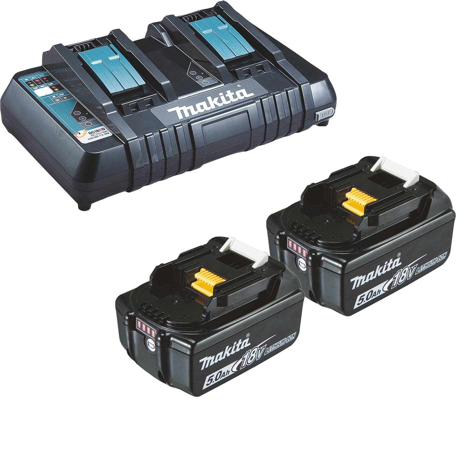 Makita Dual-Port-Ladegerät mit zwei 18V 5,0Ah Lithium-Akkus.