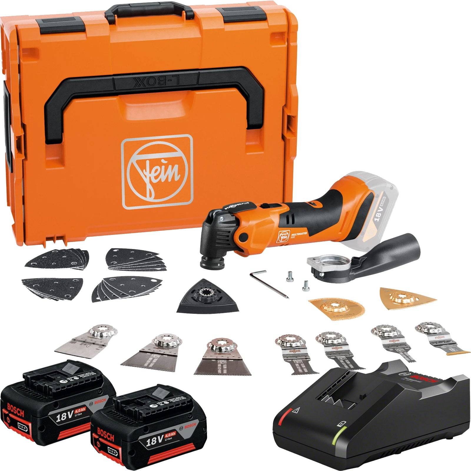 Orangefarbener Werkzeugkasten mit einem Multitool, Transporttasche, verschiedenen Klingen, zwei aufladbaren Batterien und einem Ladegerät.