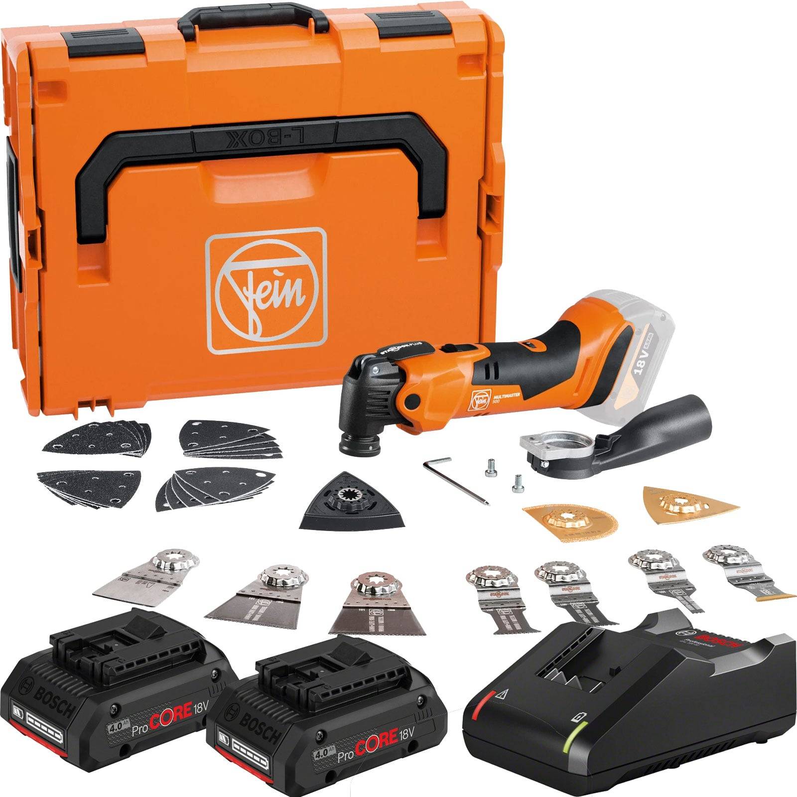 Orangefarbenes Werkzeug-Set mit kabelloser Multifunktionssäge, mehreren Sägeblättern, Schleifpads, zwei Akkus und einem Ladegerät; Marke Fein.