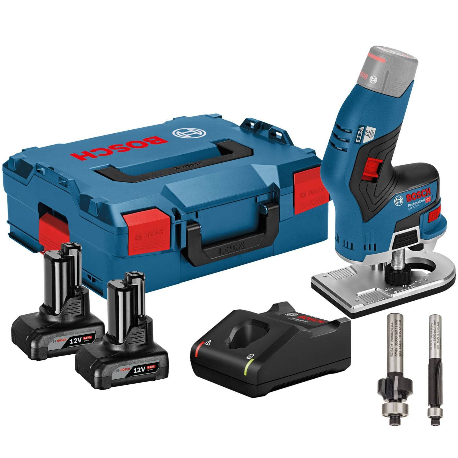 Bosch Akku-Oberfräse-Set mit zwei Akkus, einem Ladegerät, zwei Fräsern und einem robusten Transportkoffer.