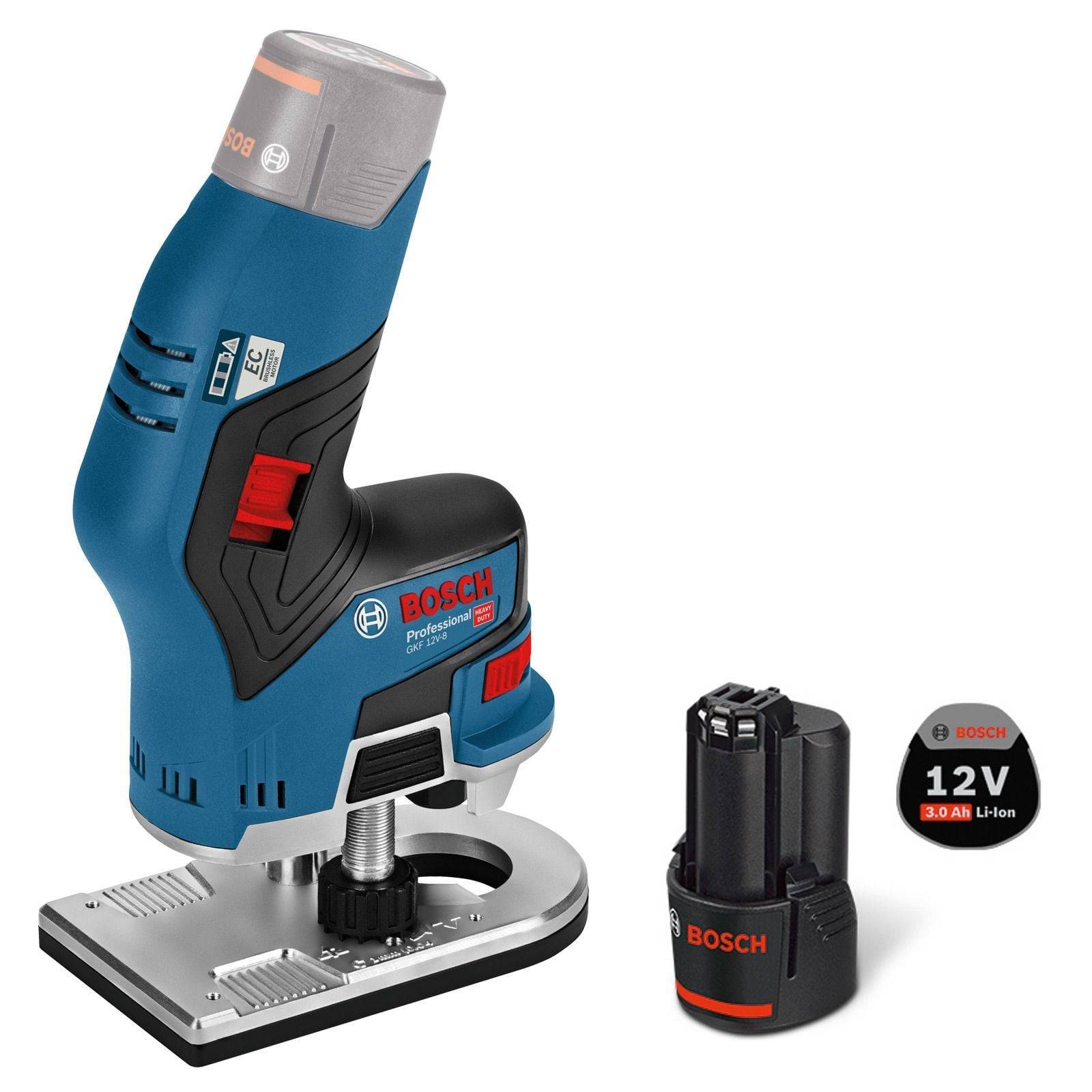 Ein kompakter, blauer Bosch Akku-Oberfräser mit einer 12V Lithium-Ionen-Batterie, der seine tragbare und professionelle Nutzung für die Holzbearbeitung unterstreicht.