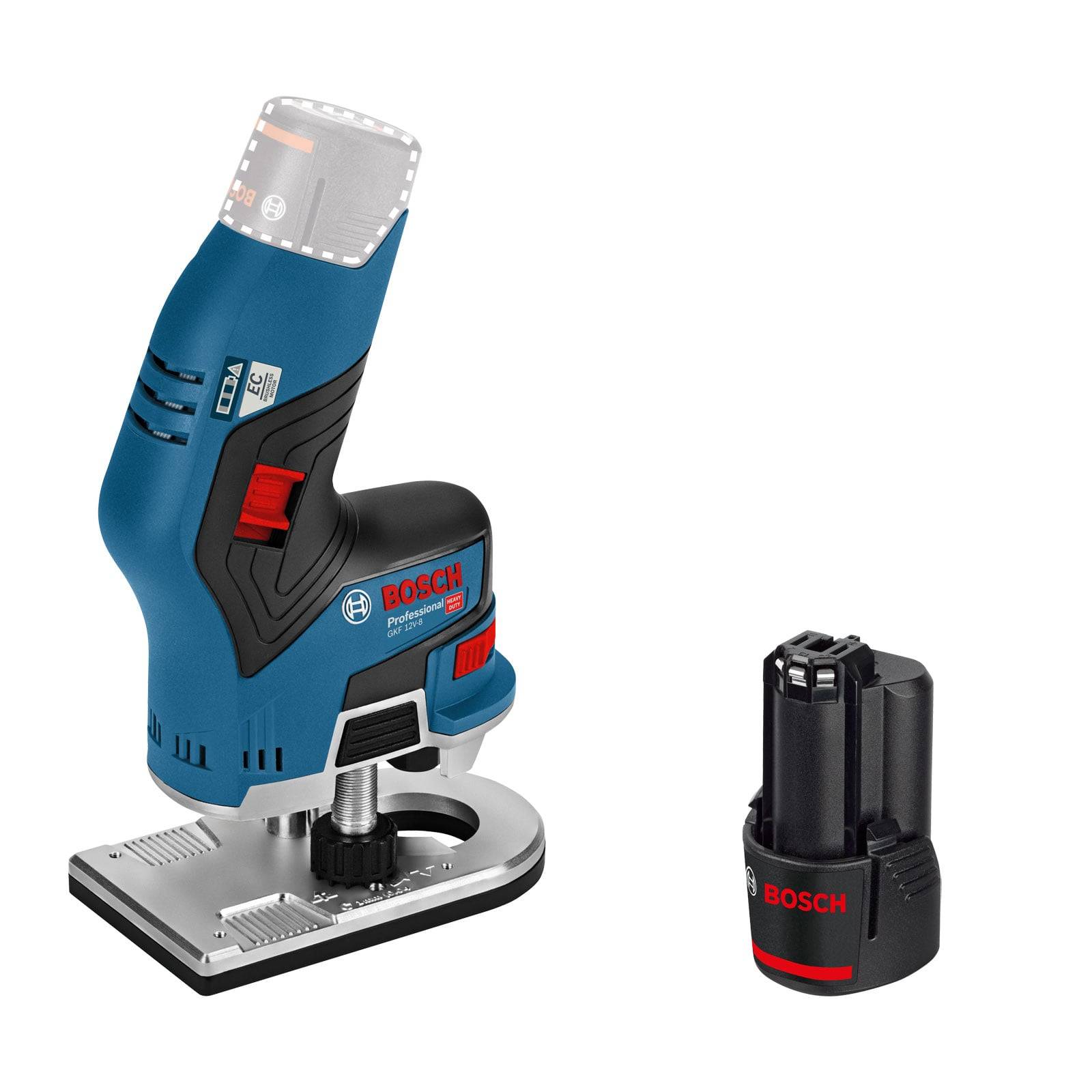 Ein blauer Bosch Akku-Oberfräser mit bürstenlosem Motor, gezeigt mit einem separaten Bosch Akkupack, konzipiert für präzise Holzbearbeitungsaufgaben.