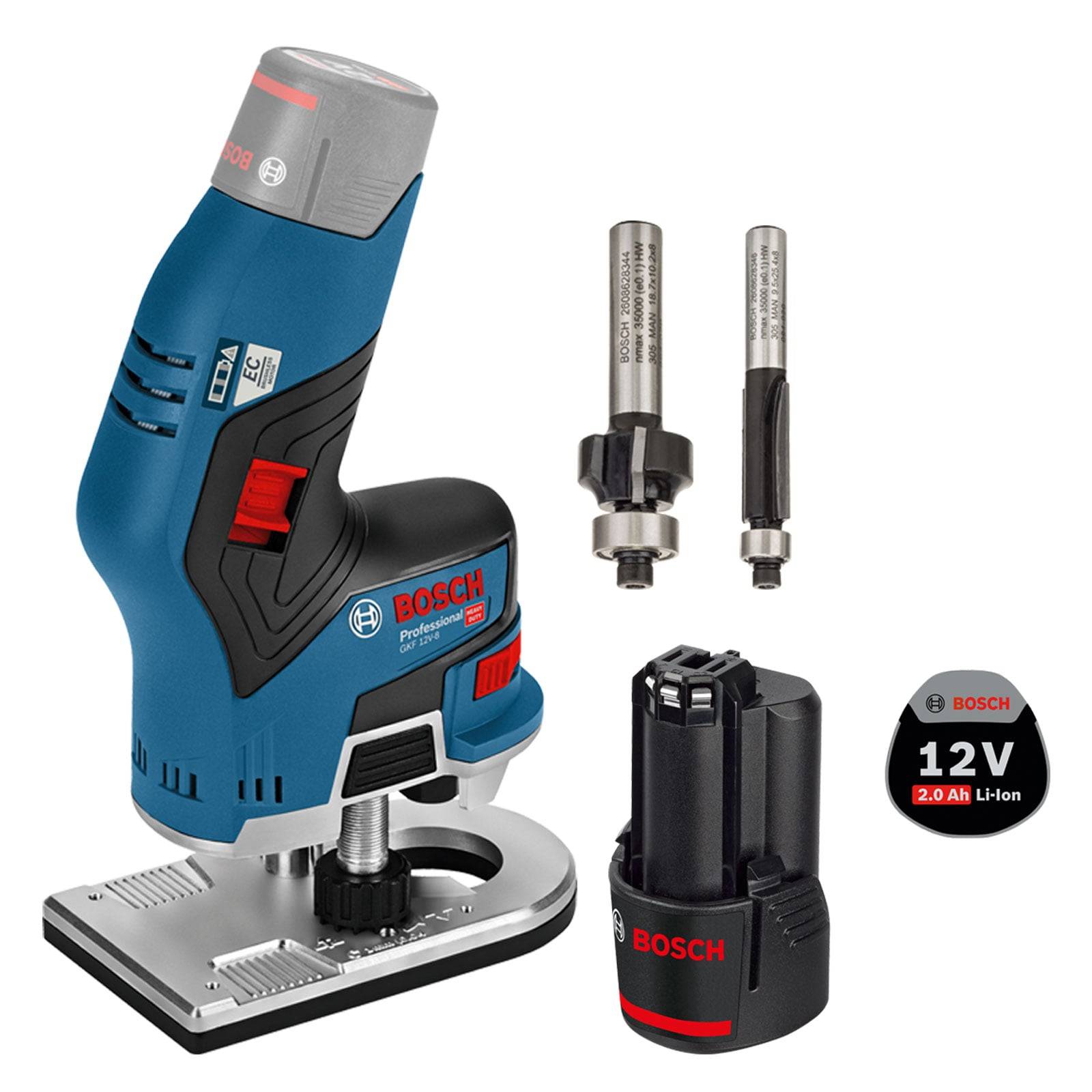Ein Bosch Professional Akku-Oberfräser mit einem 12V 2,0Ah Li-Ion Akku, zwei Fräsern und einem Ladegerät. Geeignet für Holzbearbeitungsarbeiten.