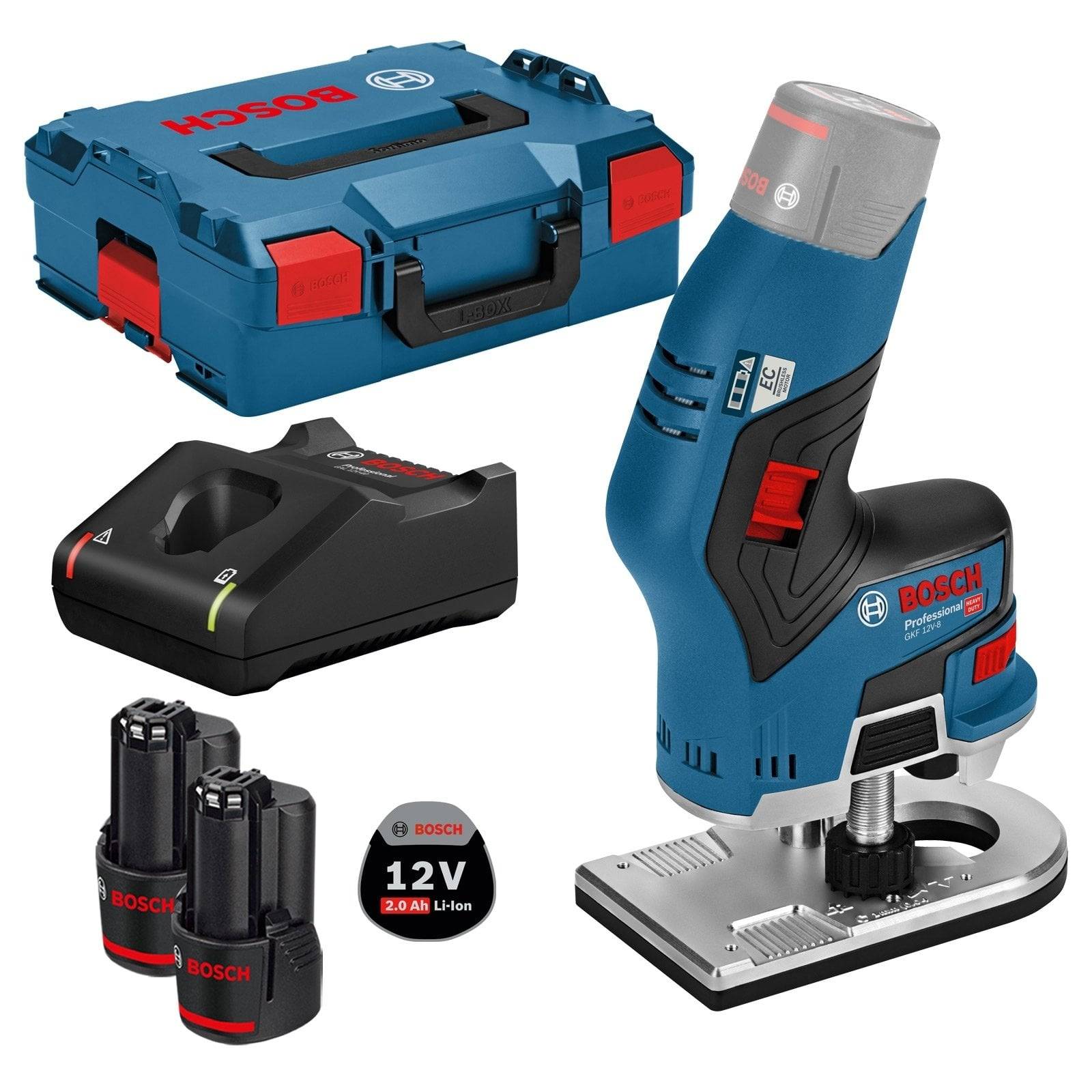 Bosch 12V professionelles Fräser-Set mit einer Fräse, zwei Lithium-Akkus, Ladegerät und Transportkoffer, auf weißem Hintergrund präsentiert.