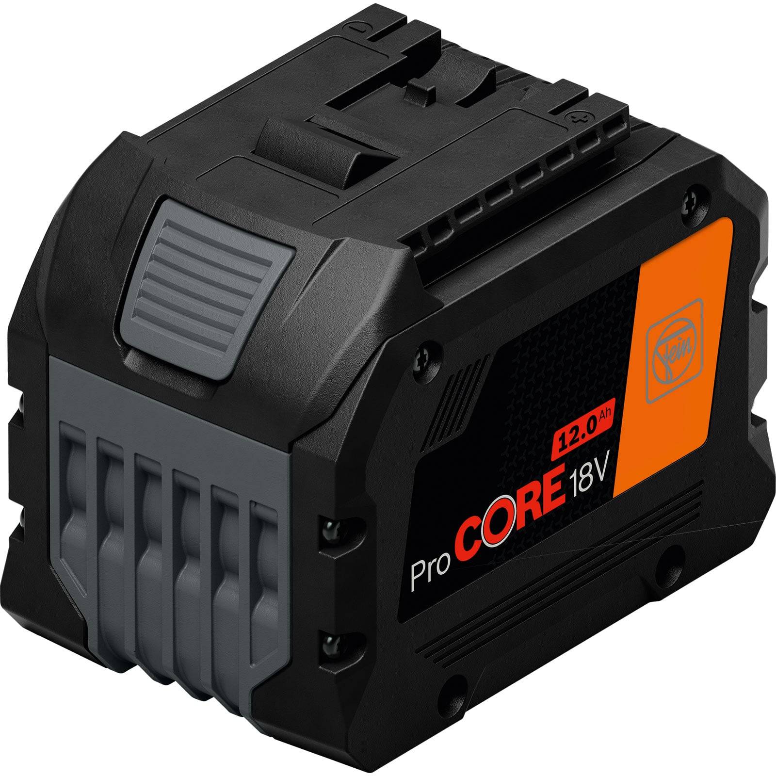 Eine schwarze und orange wiederaufladbare Batterie mit der Aufschrift 'Pro CORE18V 12.0 Ah' und einem Markenlogo, die für Elektrowerkzeuge konzipiert ist.