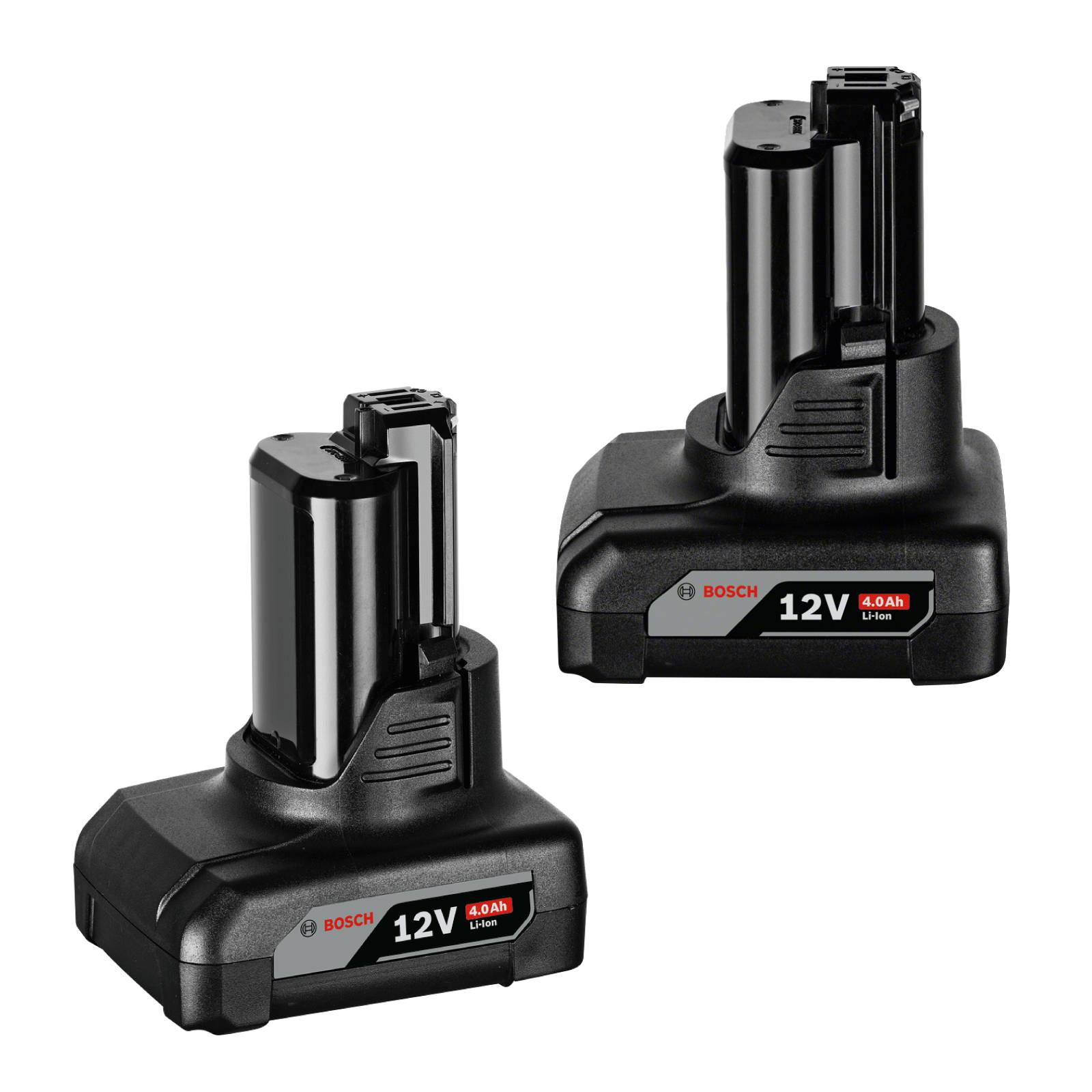 Zwei Bosch 12V 6.0Ah Li-Ionen-Akkus auf Ladegeräten, verwendet für Elektrowerkzeuge. Die Akkus sind schwarz mit sichtbarer Bosch-Markierung.