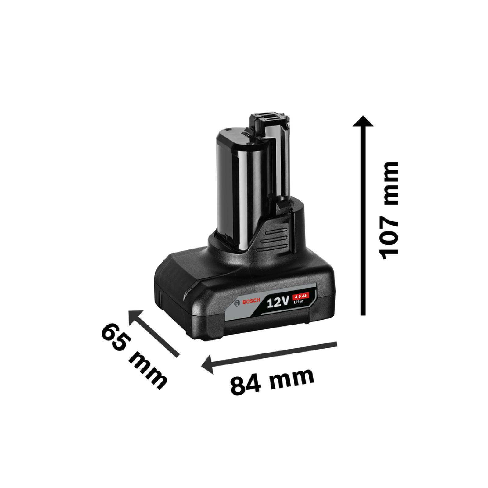 Eine schwarze Bosch 12V wiederaufladbare Batterie mit Abmessungen von 65 mm Breite, 84 mm Tiefe und 107 mm Höhe, dargestellt mit Pfeilen.
