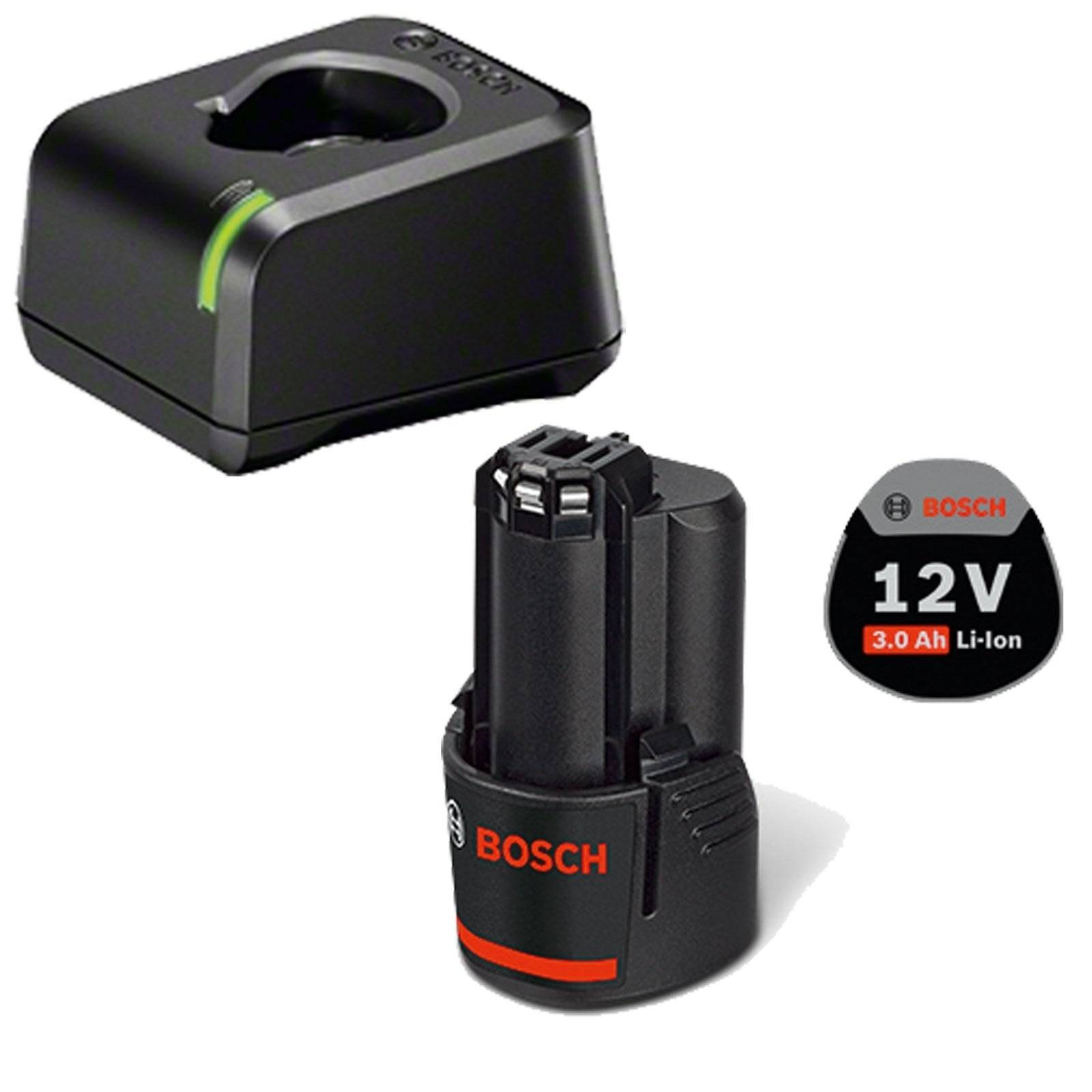 Bosch 12V Li-Ion Akku und Ladegerät. Der Akku ist schwarz mit roten Akzenten, mit der Aufschrift '3.0 Ah', und das Ladegerät verfügt über eine grüne Kontrollleuchte.