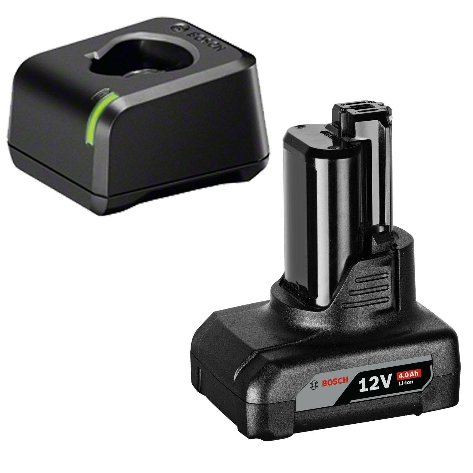 Bosch 12V 4.0Ah Li-Ionen-Akku und Ladegerät; schwarz mit Produktbeschriftung, geeignet für kompakte Elektrowerkzeuge.