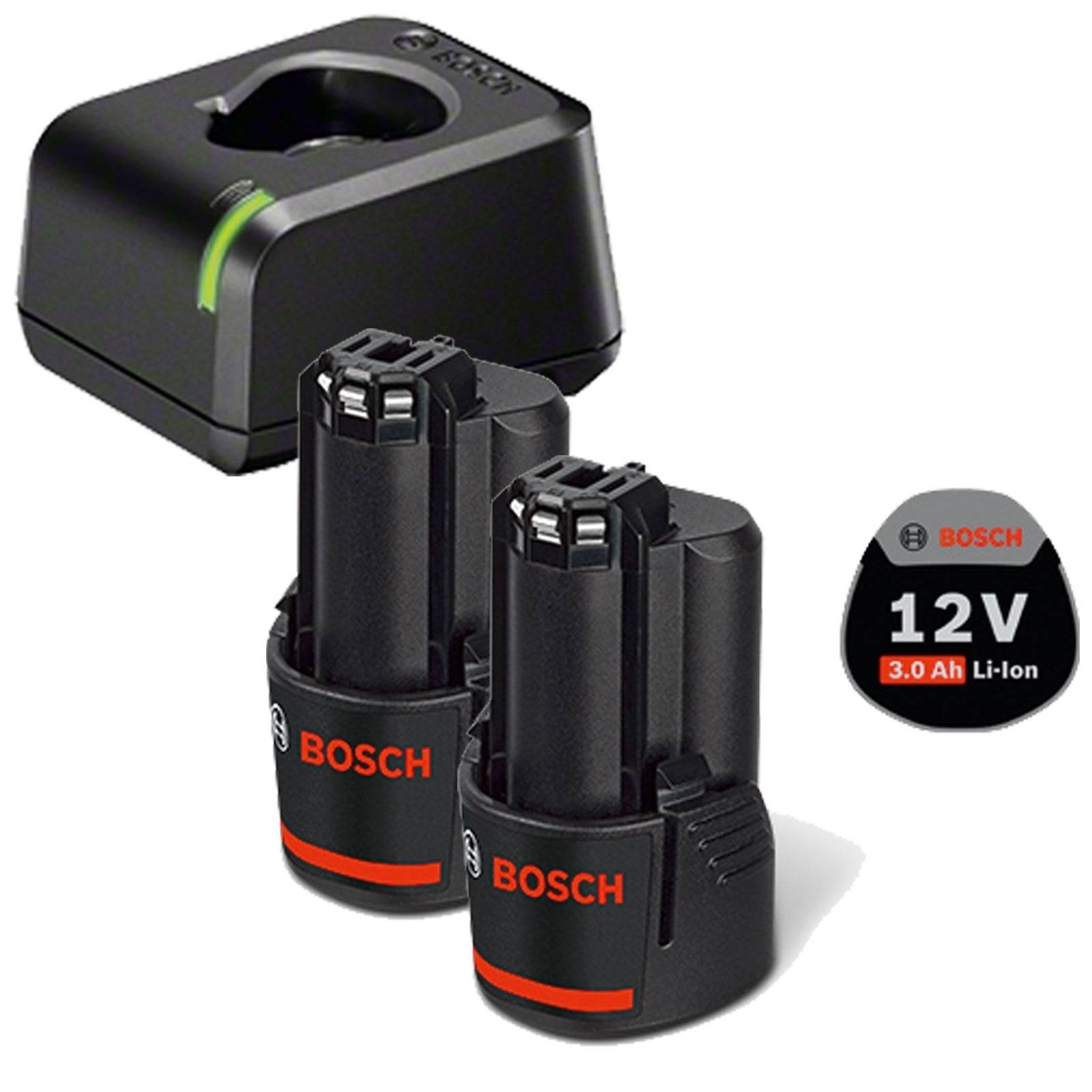 Bosch 12V 3.0Ah Li-Ion Akkupack umfasst zwei schwarze Akkus mit roten Akzenten, eine Ladestation und ein Batterielabel mit technischen Spezifikationen.