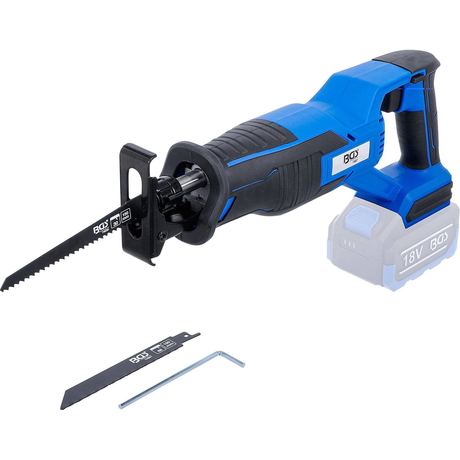 Eine kabellose Säbelsäge mit blau-schwarzem Gehäuse, ausgestattet mit einem 18V-Akku. Enthält eine zusätzliche Sägeblatt und einen Inbusschlüssel daneben.