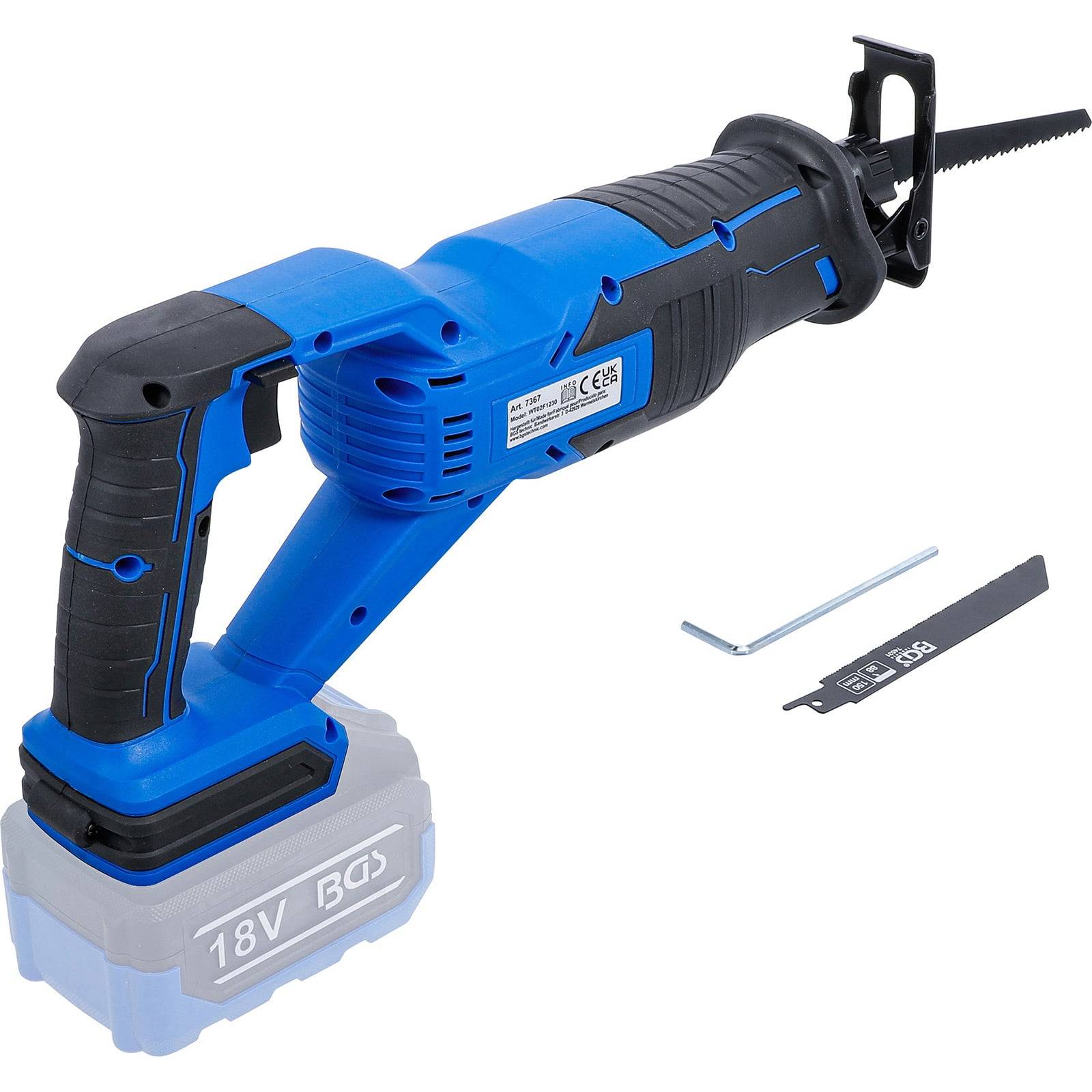 Eine blaue und schwarze kabellose Säbelsäge mit einem 18V-Akkupack, abgebildet mit einer Sägeblatt und einem Sechskantschlüssel auf weißem Hintergrund.