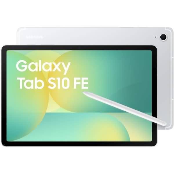 Samsung Galaxy Tab S10 FE Tablet mit S Pen, von vorne und hinten in Silber gezeigt, mit „Galaxy Tab S10 FE