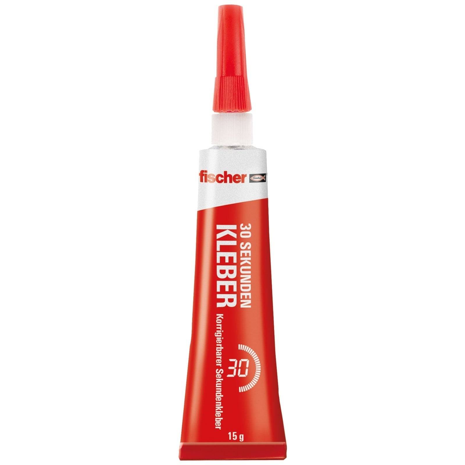 Eine rote Tube fischer '30 Sekunden Kleber', ein schnell trocknender Sekundenkleber; 15g Größe, mit Text, der eine 30-Sekunden-Aushärtungszeit hervorhebt.