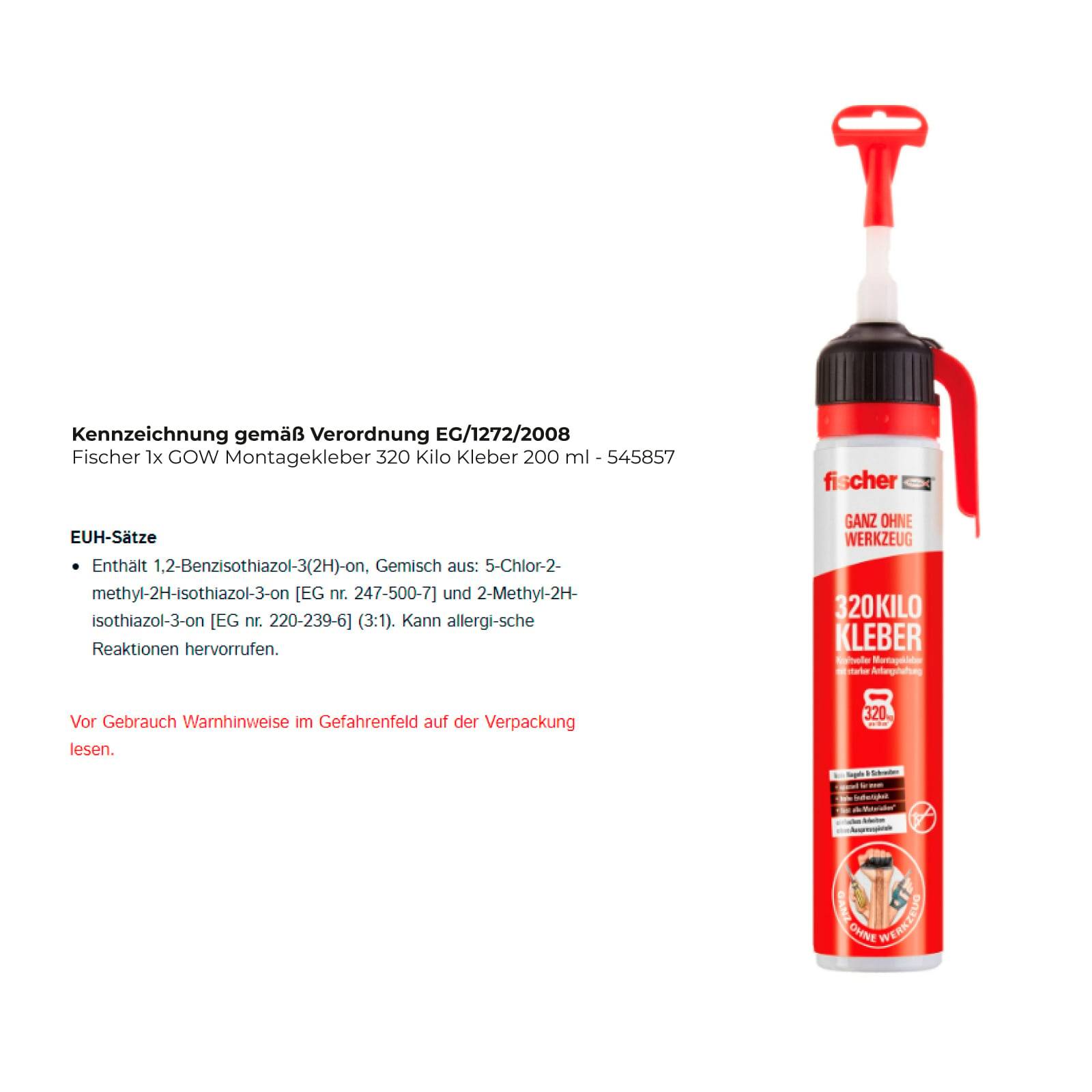 Ein Rohr Fischer 320 Kleber Montage-Klebstoff mit Applikator. Der Text enthält Produktdetails und eine Warnung vor allergischen Reaktionen.