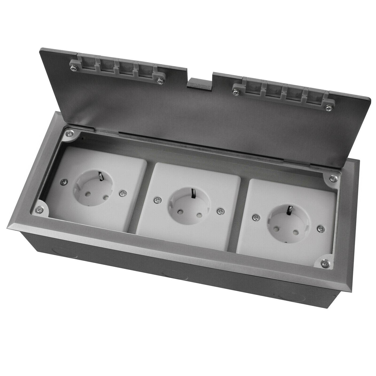 Edelstahl Einbausteckdose Tischsteckdose Bodensteckdose Fußboden Steckdose 3-Fach