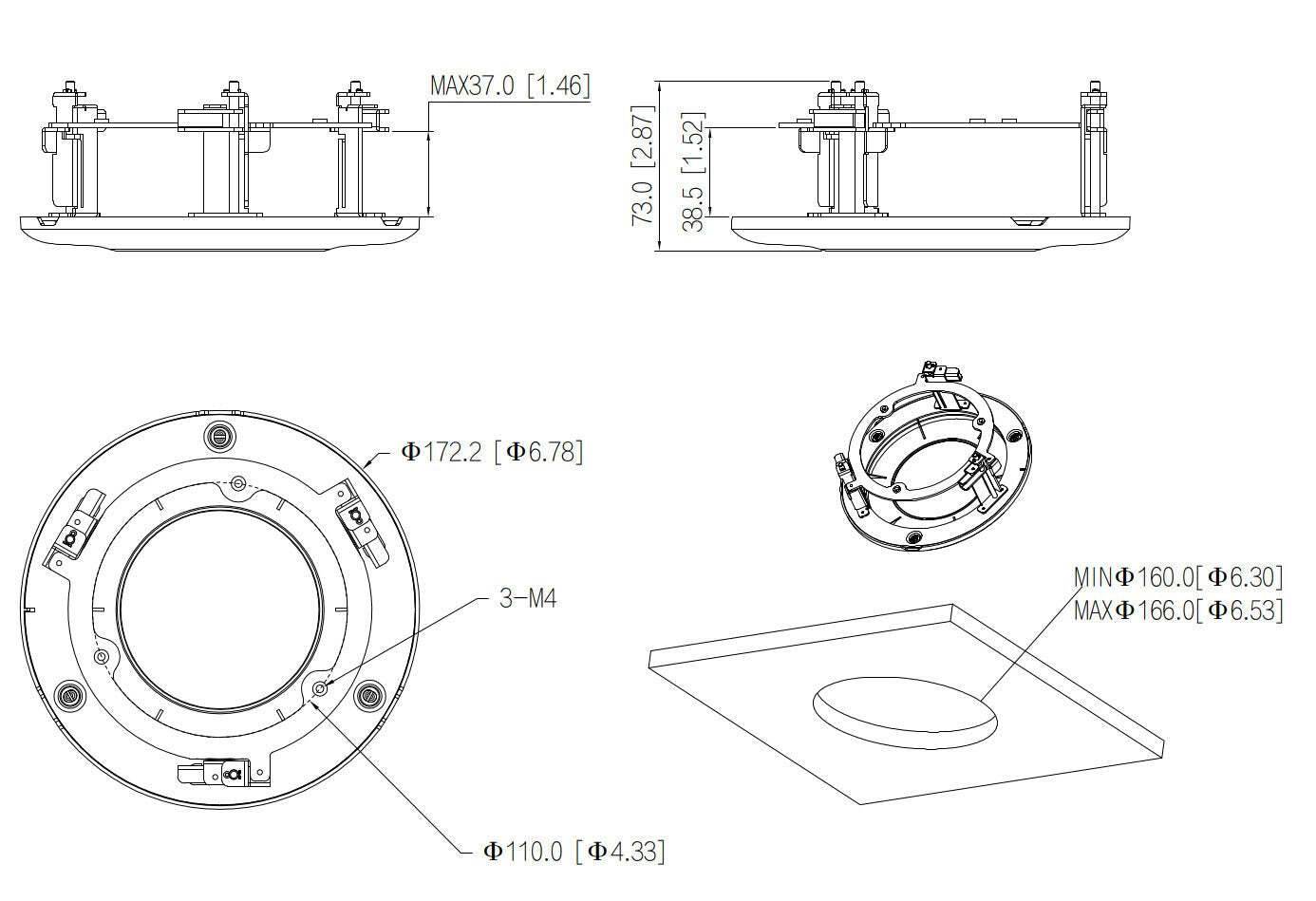 BWA-DE-5203C BURG GARD, Diese Deckeneinbau Halterung, für Dome Kameras, sorgt für eine geringe Aufbauhöhe und ein dezen