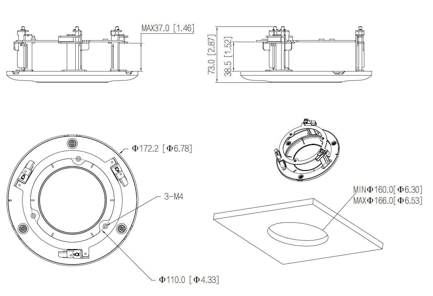 BWA-DE-5203C BURG GARD, Diese Deckeneinbau Halterung, für Dome Kameras, sorgt für eine geringe Aufbauhöhe und ein dezen