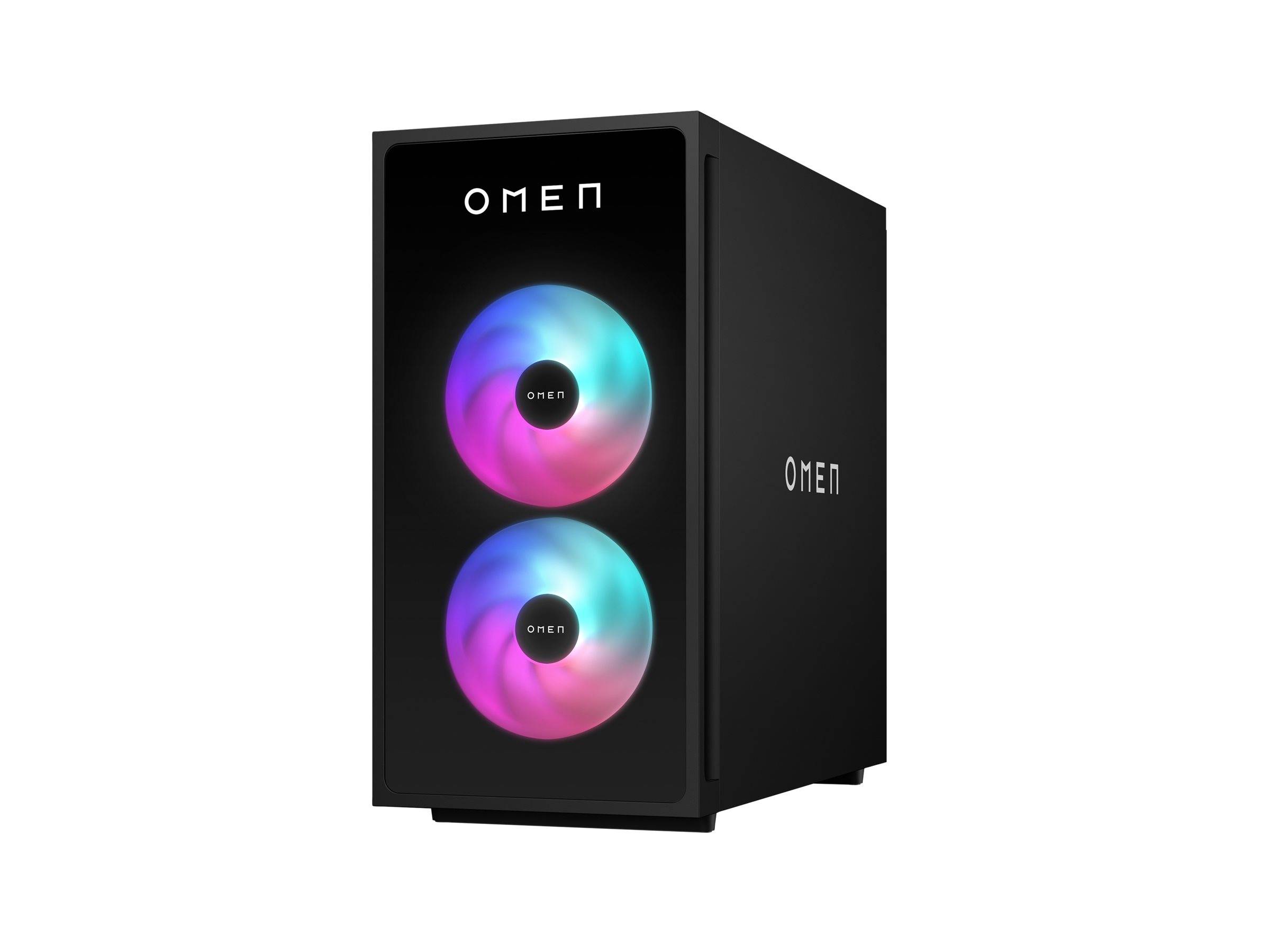 Ein schwarzer Gaming-Computerturm mit OMEN-Branding, ausgestattet mit zwei kreisrunden, mehrfarbigen LED-Lichtern auf der Frontplatte.