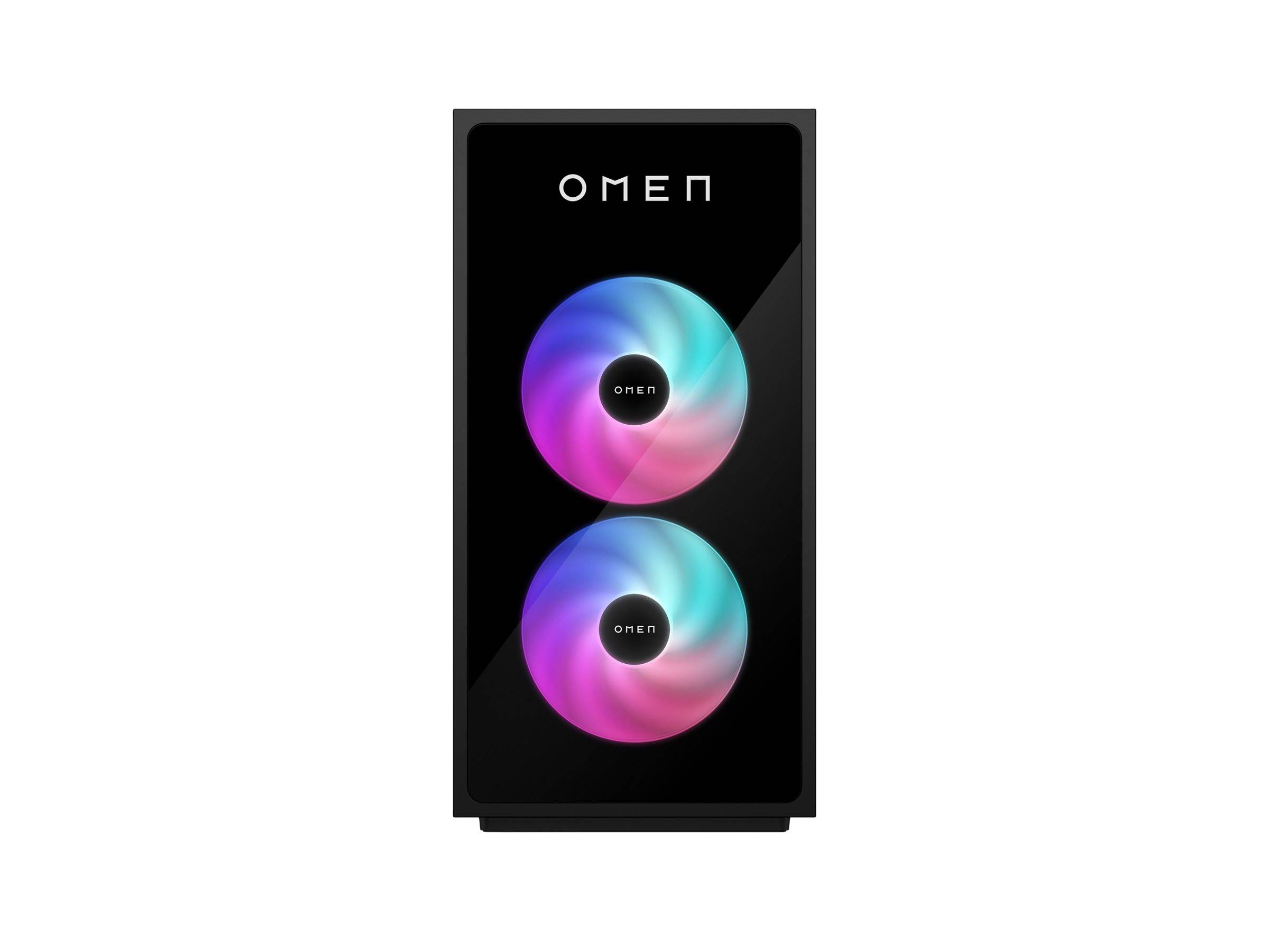 Ein schwarzer Desktop-Computer-Tower mit zwei kreisförmigen, mehrfarbigen Lüftern. Der Markenname 'OMEN' ist oben angebracht.