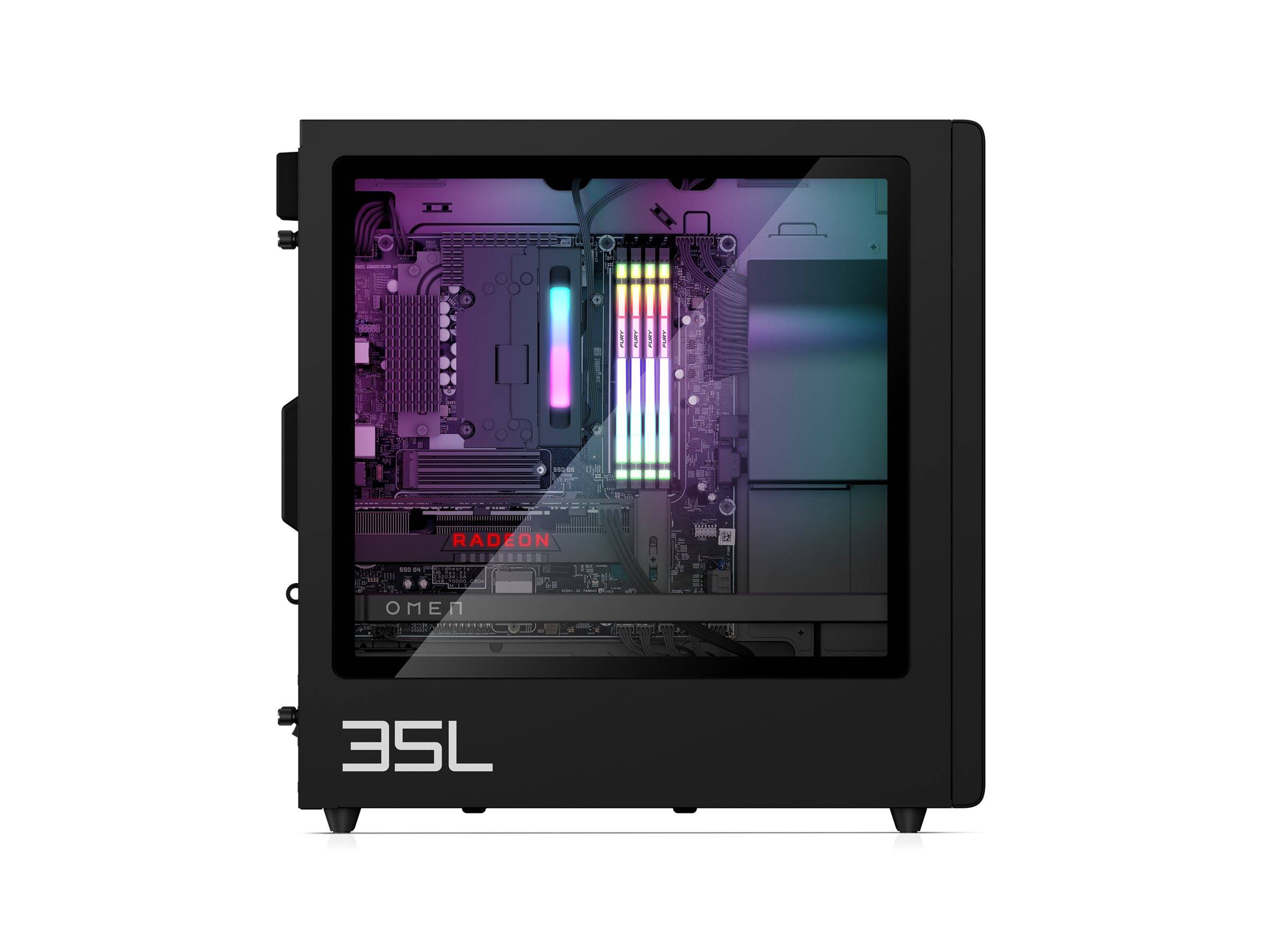 Ein Desktop-Computer mit einem transparenten Seitenfenster zeigt Innenkomponenten, einschließlich einer Grafikkarte mit der Beschriftung 