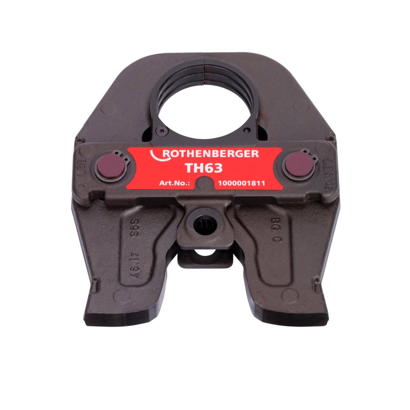 Ein schwarzer und roter Rothenberger TH63 Rohrpressapparat mit eingravierten Modell- und Artikelnummern, verwendet für Rohranschlüsse in der Sanitärinstallation.