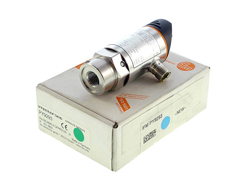 Industrieller Metallsensor bzw. Drucktransmitter, auf seiner Produktverpackung vor weißem Hintergrund platziert.