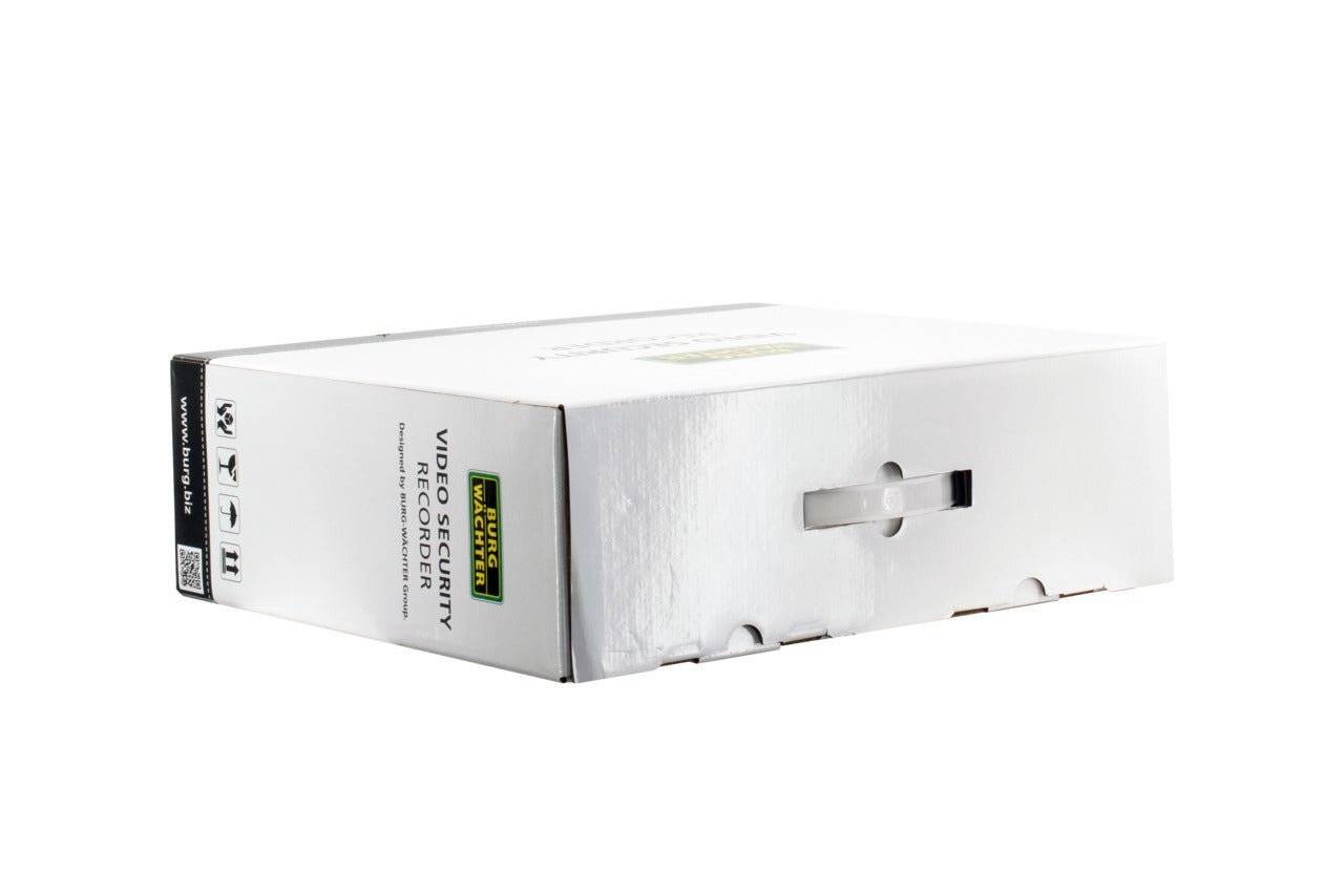 Weiße Box eines Videosicherheitsrekorders mit Markenlogo und Griffschlitz, isoliert auf weißem Hintergrund.