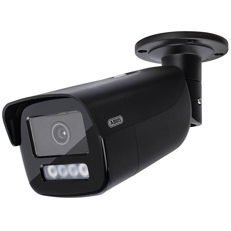Schwarze ABUS-Sicherheitskamera mit Wandhalterung und integriertem LED-Licht, gezeigt auf weißem Hintergrund.