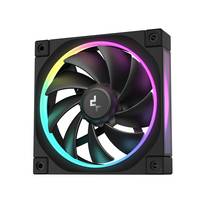 Quadratischer schwarzer RGB-Kühlventilator mit leuchtenden Regenbogen-LED-Ring und zentralem Logo, gezeigt auf weißem Hintergrund.