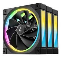 Schwarzer RGB-Flüssigkeitsprozessorkühler mit regenbogenbeleuchtetem Lüfter und drei beleuchteten Kühlblöcken.