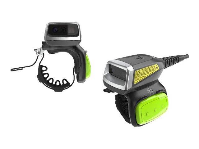 Zwei Ansichten eines tragbaren Barcode-Scanners mit Auslösegriff, schwarz-silbernem Gehäuse und neogrünem Seitenpaneel.