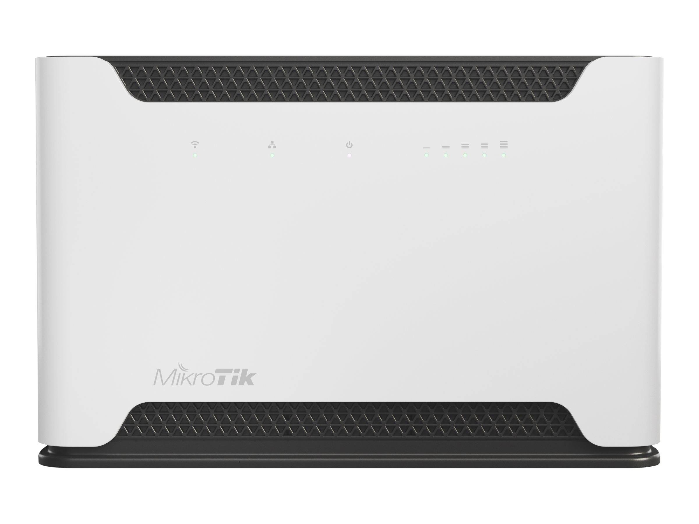 Weißer MikroTik-Router mit Anzeigelichtern oben, mit schlankem, modernem Design und schwarzen Akzenten in den Ecken.