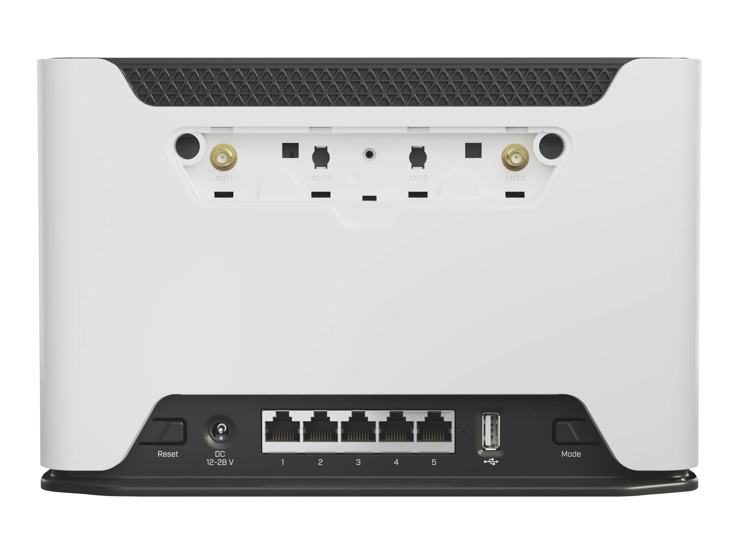 Das Bild zeigt die Rückseite eines Routers mit vier Ethernet-Anschlüssen, einer Stromversorgung, einem USB-Anschluss, einer Reset-Taste und einer Modustaste.