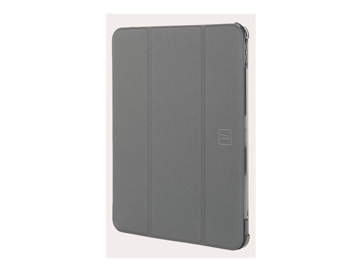 Dunkelgraue Tablet-Folio-Schutzhülle mit dreiteiligem Vorderschutz auf weißem Hintergrund.