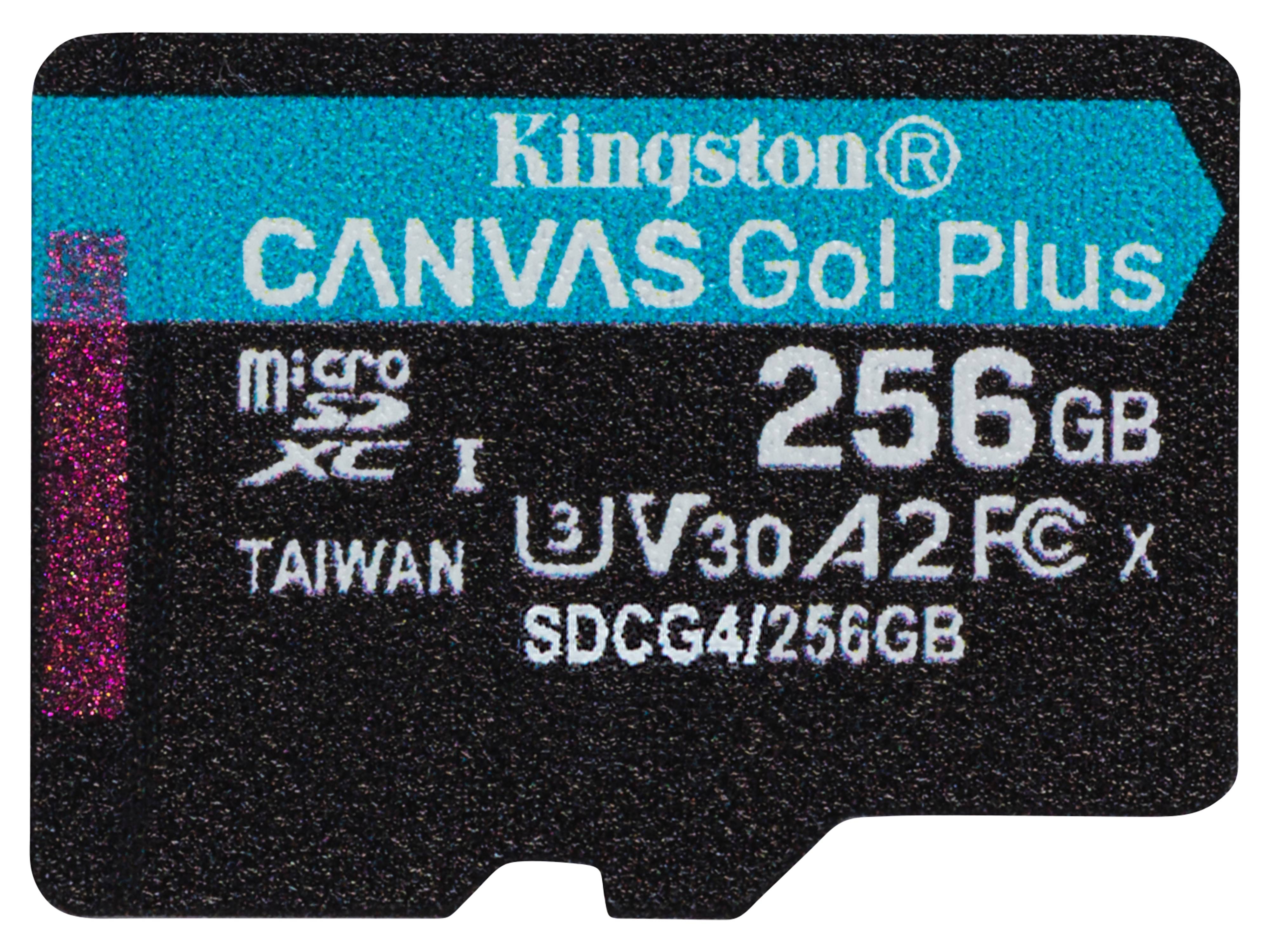 Kingston CANVAS Go! Plus 256GB microSDXC-Karte, UHS-I, U3, A2, V30, hergestellt in Taiwan, Modell SDCG4/256GB.