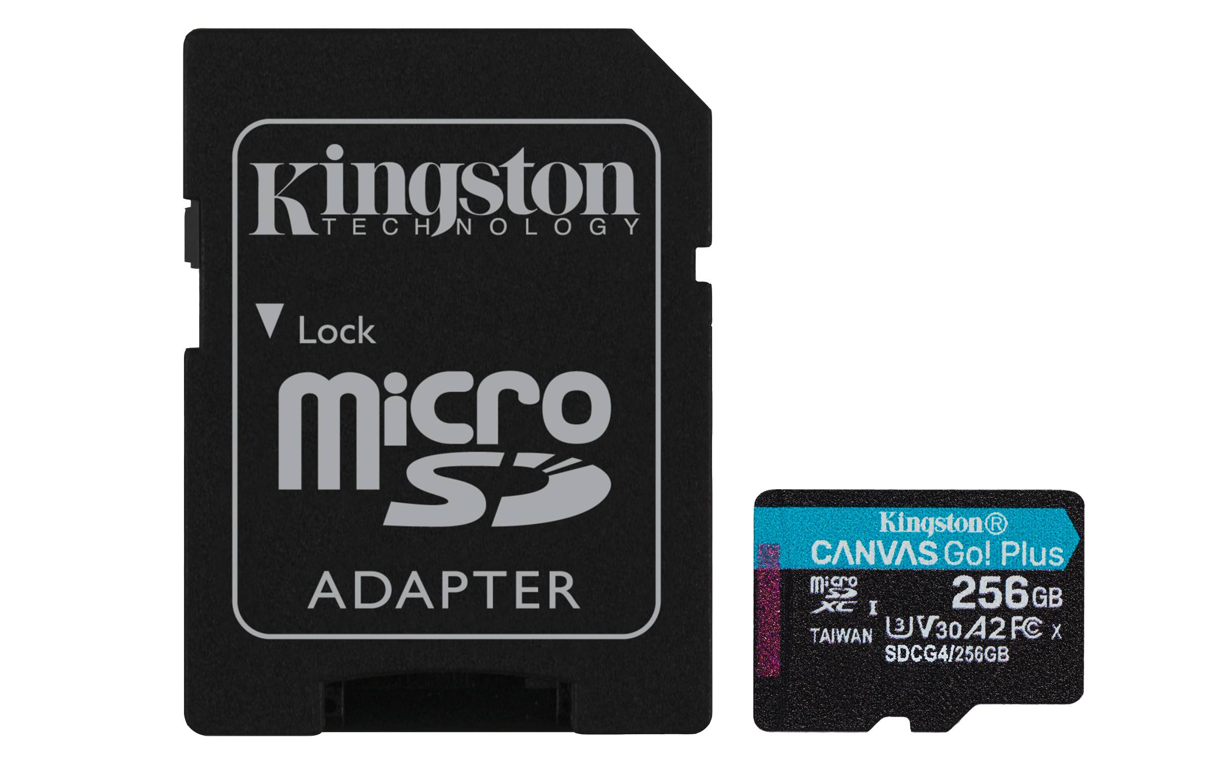 Kingston-microSD-Adapter neben einer 256GB Kingston Canvas Go! Plus microSD-Karte.